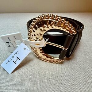 H Halston Brown Belt With Gold Buckle Size L/XL NWT